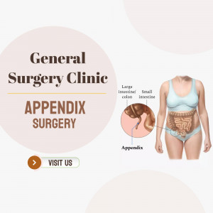 Illustration of the human digestive system with focus on the appendix, promoting appendix surgery services at a general surgery clinic.