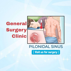 Illustration of a person with a pilonidal sinus and text promoting General Surgery Clinic