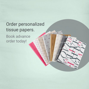 Stack of personalized tissue papers with text overlay promoting ordering.
