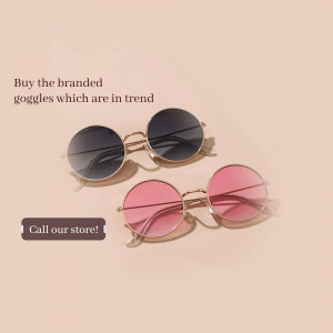 Three pairs of round sunglasses in gold frames with different tinted lenses on a beige background.