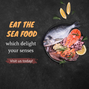 A flat lay of fresh seafood including fish, salmon, shrimp, and lemon, with the text 'Eat the Seafood which delight your senses'