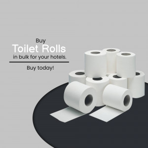 Stack of white toilet paper rolls on a dark surface with text promoting bulk purchases for hotels.
