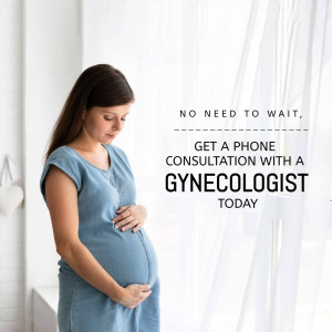 Pregnant woman looking down, with text promoting phone consultations with a gynecologist.