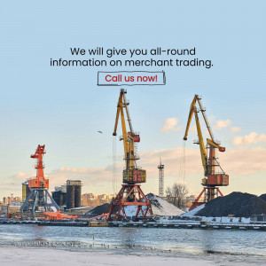 Image of a port with cranes and text promoting merchant trading information.