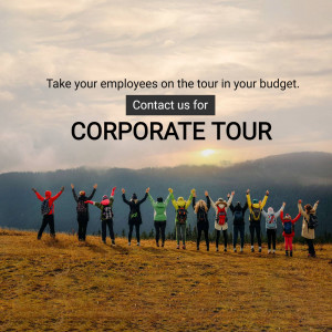 Group of people with arms raised on a mountain top, promoting corporate tours.