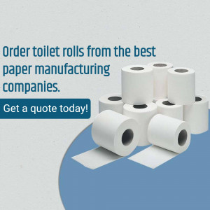 Pile of white toilet paper rolls with text promoting paper manufacturing companies.