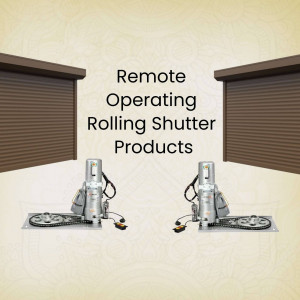 Two remote operating rolling shutter products displayed on a beige background.