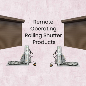 Two remote operating rolling shutter products displayed against a pink wall.