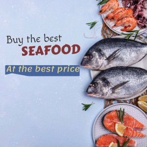 Assortment of fresh seafood including shrimp, fish, and salmon with promotional text.