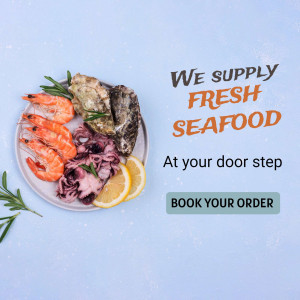 Plate of fresh seafood including shrimp and oysters with text 'We Supply Fresh Seafood'