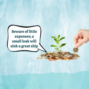 Image depicting a growing plant sprouting from a pile of coins, with a warning about small expenses.