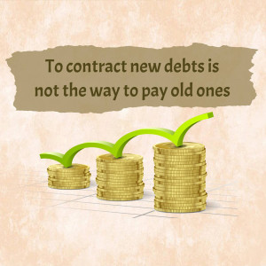 Image depicting a financial concept with stacked coins and text about debt.