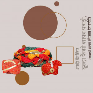 Close-up of a colorful Rajasthani turban with wedding accessories and abstract shapes.