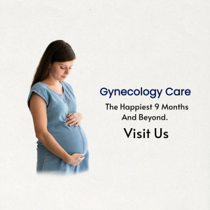 Pregnant woman with text 'Gynecology Care' and 'The Happiest 9 Months'