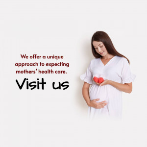 Pregnant woman holding red hearts over her baby bump with text promoting mothers' health care.