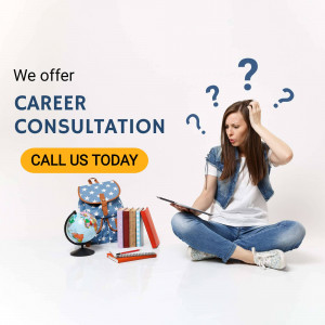Woman looking confused with career related items around her, promoting career consultation services.