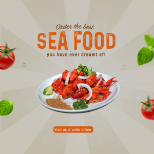 Plate of crawfish with tomatoes and basil, advertising seafood.