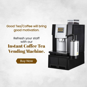 Black and silver instant coffee and tea vending machine with promotional text.