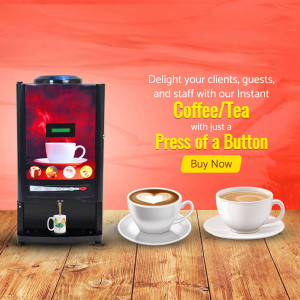 Black coffee and tea machine with cups of coffee on a wooden surface