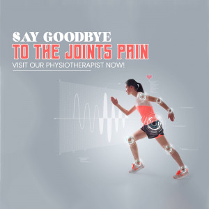 Woman running with highlighted joints and text promoting physiotherapy for pain relief.