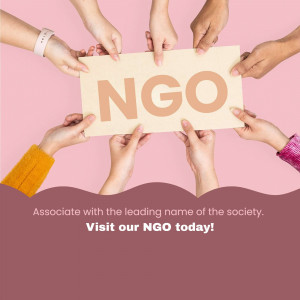 Multiple hands holding a sign with the letters 'NGO' on a pink background.