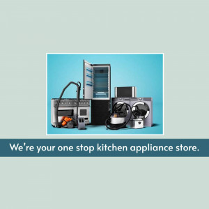 Assortment of kitchen appliances including refrigerator, washing machine, stove, and vacuum cleaner.
