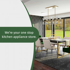 Elegant dining room with a view and kitchen appliance advertisement