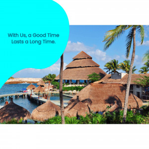 Scenic view of a thatched-roof resort by the ocean