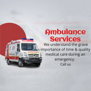 Ambulance service advertisement with an ambulance vehicle and text about emergency medical care.