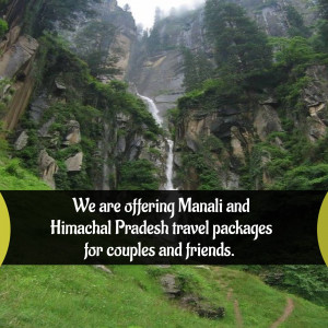Scenic view of a waterfall in Himachal Pradesh with travel package advertisement