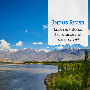 Scenic view of the Indus River with snow-capped mountains in the background.