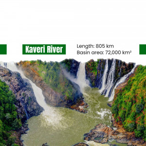 Image of Kaveri River with details on its length and basin area