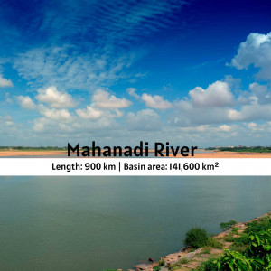 Scenic view of the Mahanadi River with information about its length and basin area