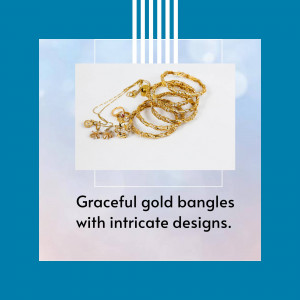 Close-up of gold bangles with intricate designs on a blue and white background.