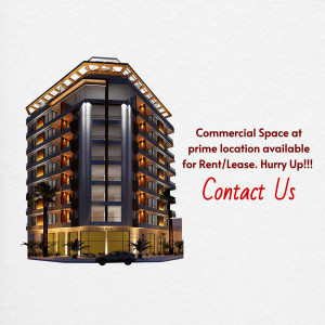 Modern building with text advertising commercial space for rent