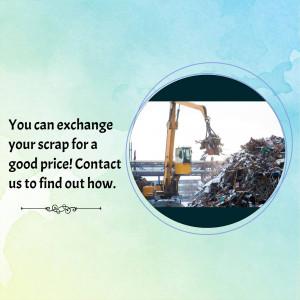 Image of an excavator handling scrap metal with text promoting scrap exchange for cash.
