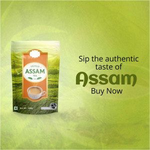 Package of Assam Premium Tea with a cup of tea