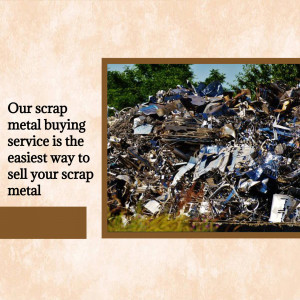 Pile of scrap metal with text advertising a scrap metal buying service.