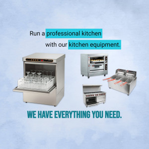 Stainless steel kitchen equipment including dishwasher, oven, and fryer.