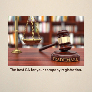Gavel and scales of justice with trademark stamp, representing legal services and company registration.