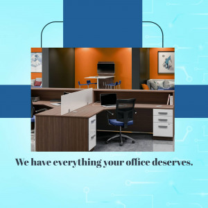 A well-designed modern office reception area with comfortable seating and workstations.