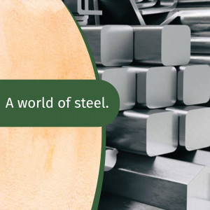 Stacks of steel bars and beams with a textured background and text overlay.