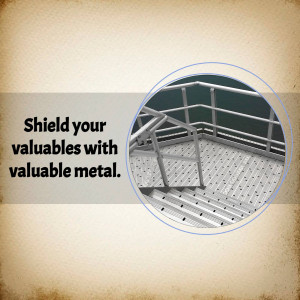 Image of metal grating with text promoting security for valuables.