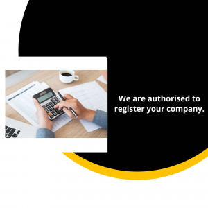 Person calculating with a calculator and paperwork, with text 'We are authorised to register your company.'