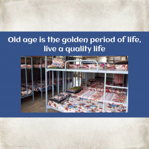 Image of a senior living facility with a motivational quote.