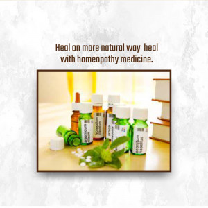 Bottles of homeopathic medicine with plant