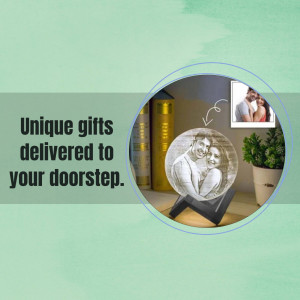 Photo crystal gift with a couple's image, displayed on a shelf with plants.