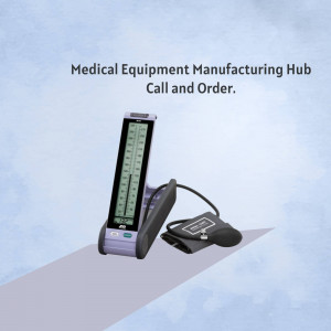 Digital blood pressure monitor with cuff on a light blue background