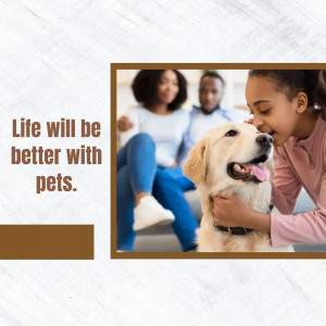 A family with a golden retriever dog, promoting pet ownership.