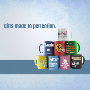 Stack of colorful mugs with various designs and logos